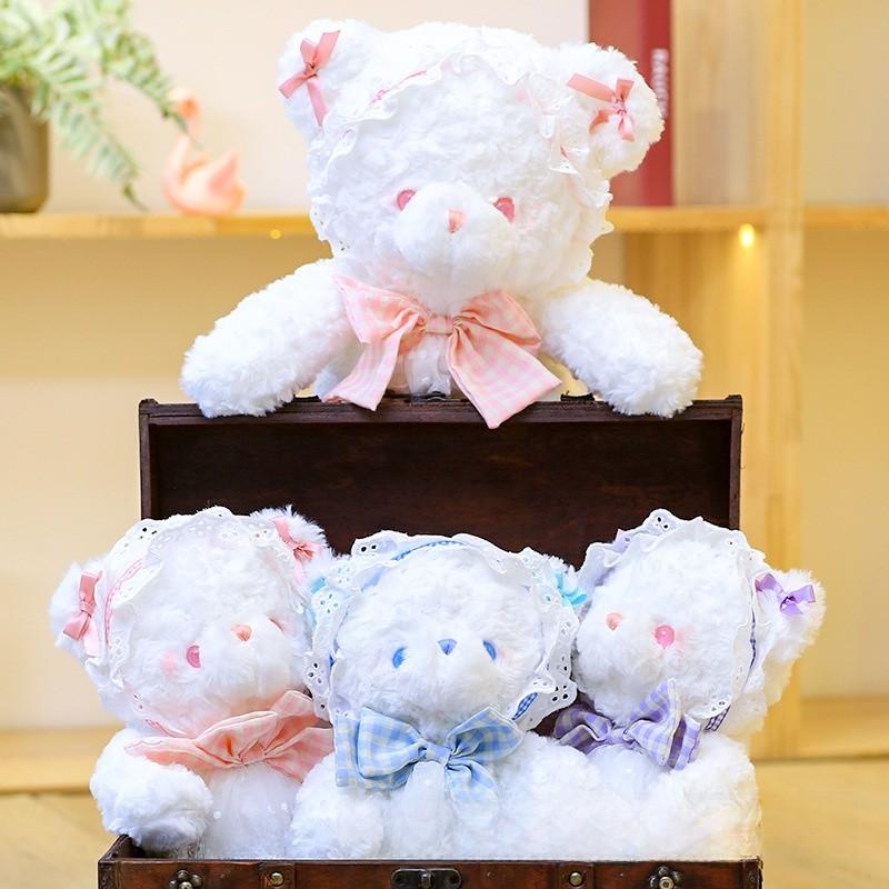 Plush Rabbit Bear Doll With Lace And Checkered Bow Decor For Girls Kids Birthday Gift And Sleep Support