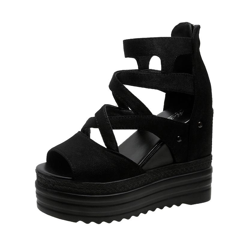 Dames Romeinse Sandalen Zomer Ultra Hoge Hak Sleehak Plateau Schoenen Zijrits Open Teen Effen Kleur Sexy Sandalen De 37 black