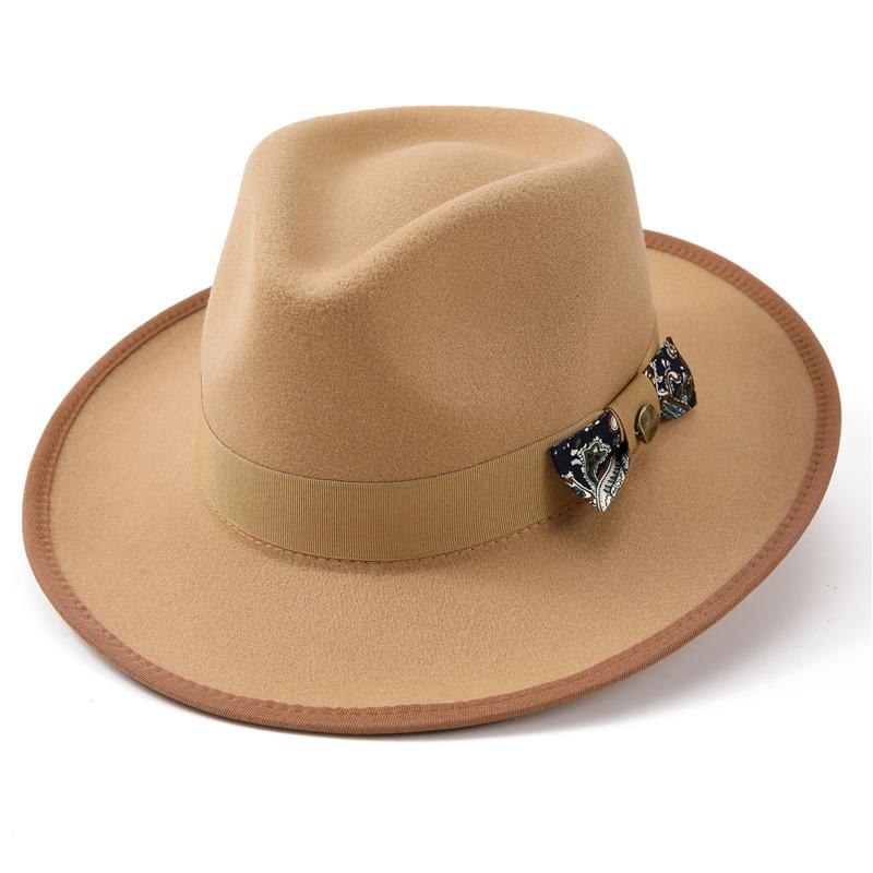 

Новая высококачественная шерстяная джазовая шляпа, красивые аксессуары в виде банта, шляпа джентльмена, осенне-зимний термоцилиндр M（56-58cm） верблюд