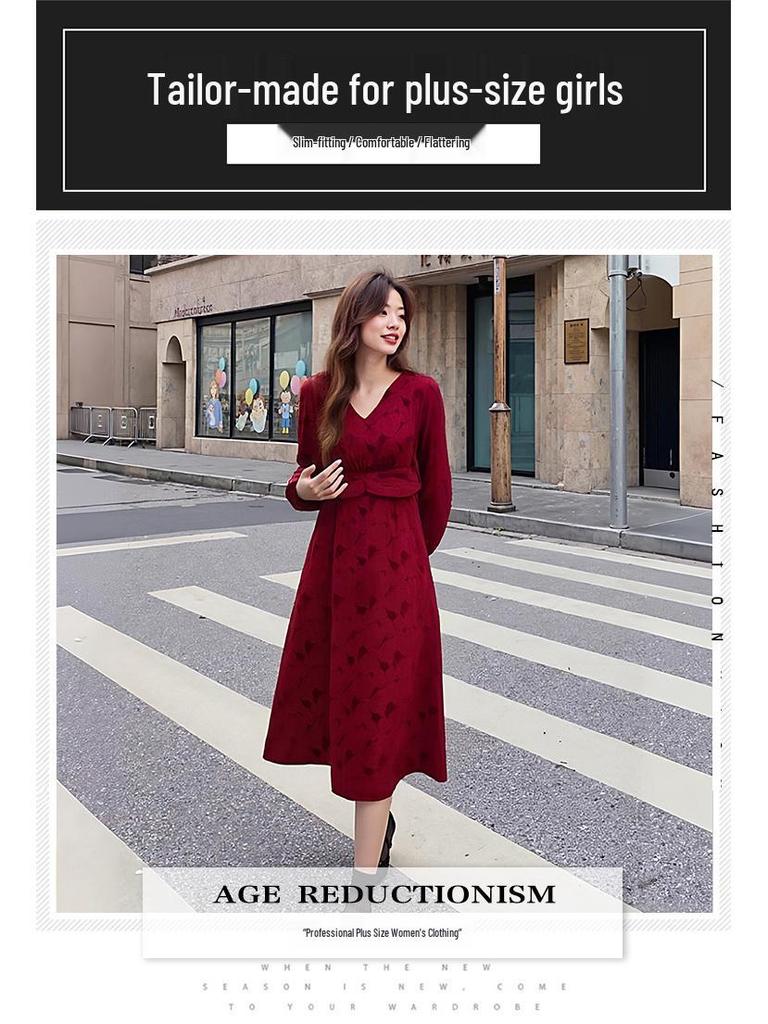 Elastic Velvet Red Toast Dress for Plus Size Women, Spring & Autumn 2025
