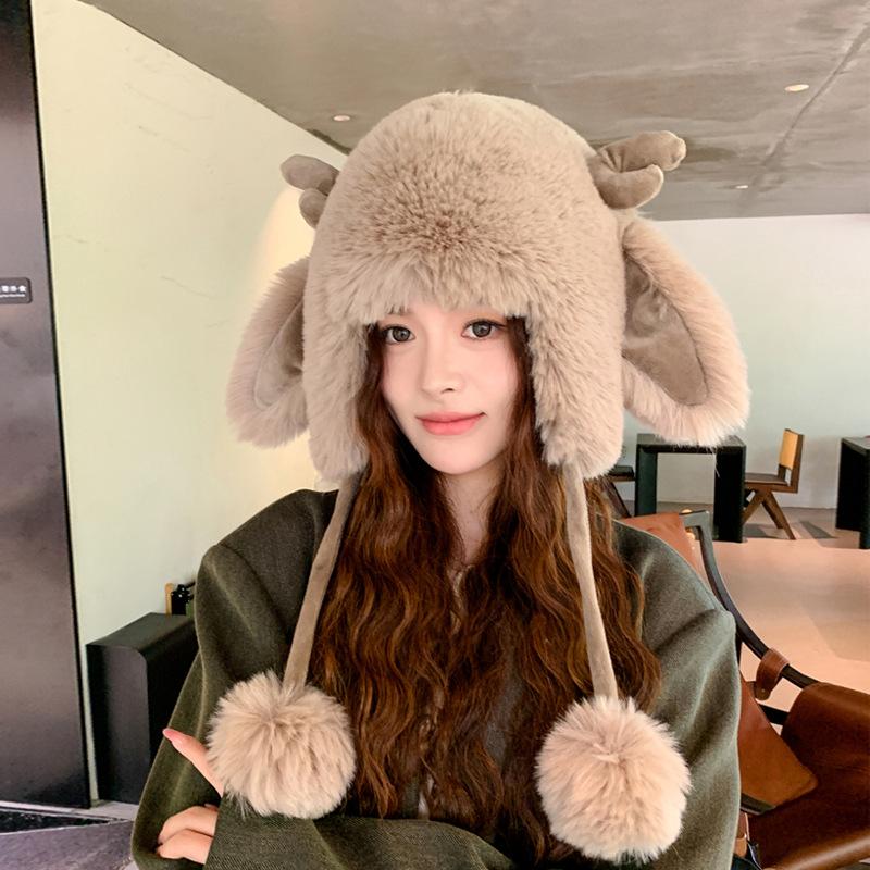 Cute plush hat women's winter outdoor cold protection, warm ear protection, antlers show face, small pullover hat