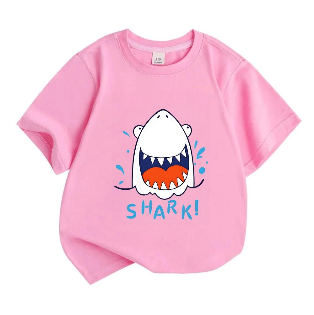 Kids Boys Girls 100% Cotton Crew Neck Short Sleeve T-Shirt, Cute Cartoon Laughing Shark Pattern Casual Summer Soft Breathable Tees for Daily Wear Holi