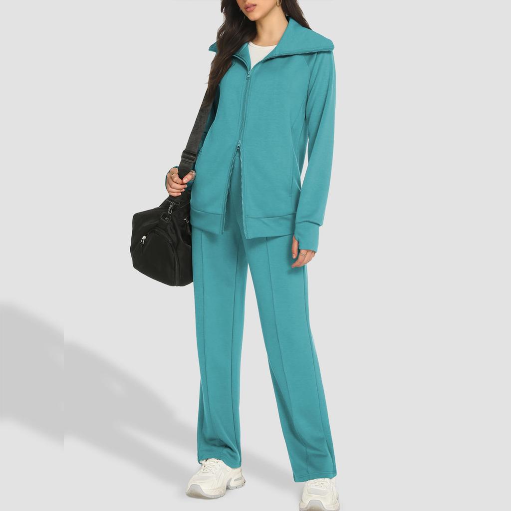 Women's Fashion V-neck Solid Color Long Sleeved Double Zipper Lapel Jacket Wide Leg Pants Sweatshirt Long Pants Set