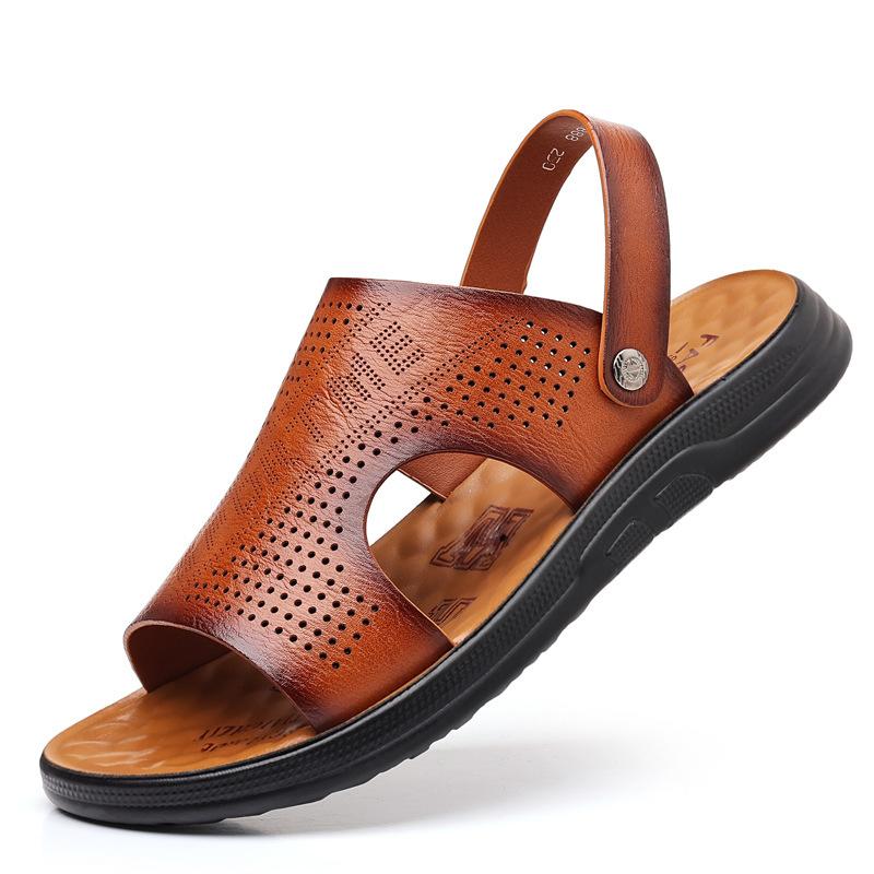 Men's leather sandals men's summer waterproof and non-slip slippers breathable two wear beach shoes trendy thick-soled sandals wear-resistant