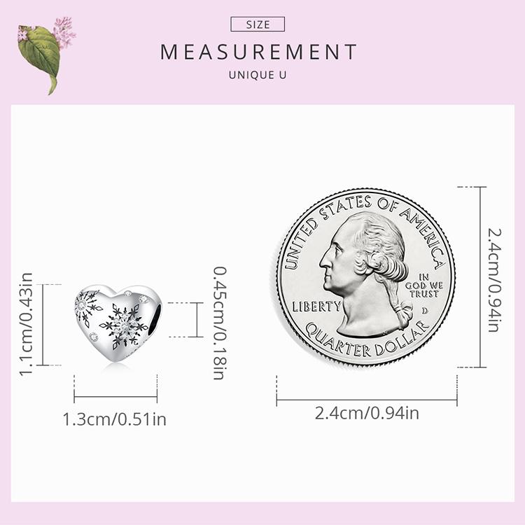 WOSTU Exquisite Snowflake Pattern Heart Shape 925 Sterling Silver Charm Beads Fit Bracelet Bangle Fine Jewelry