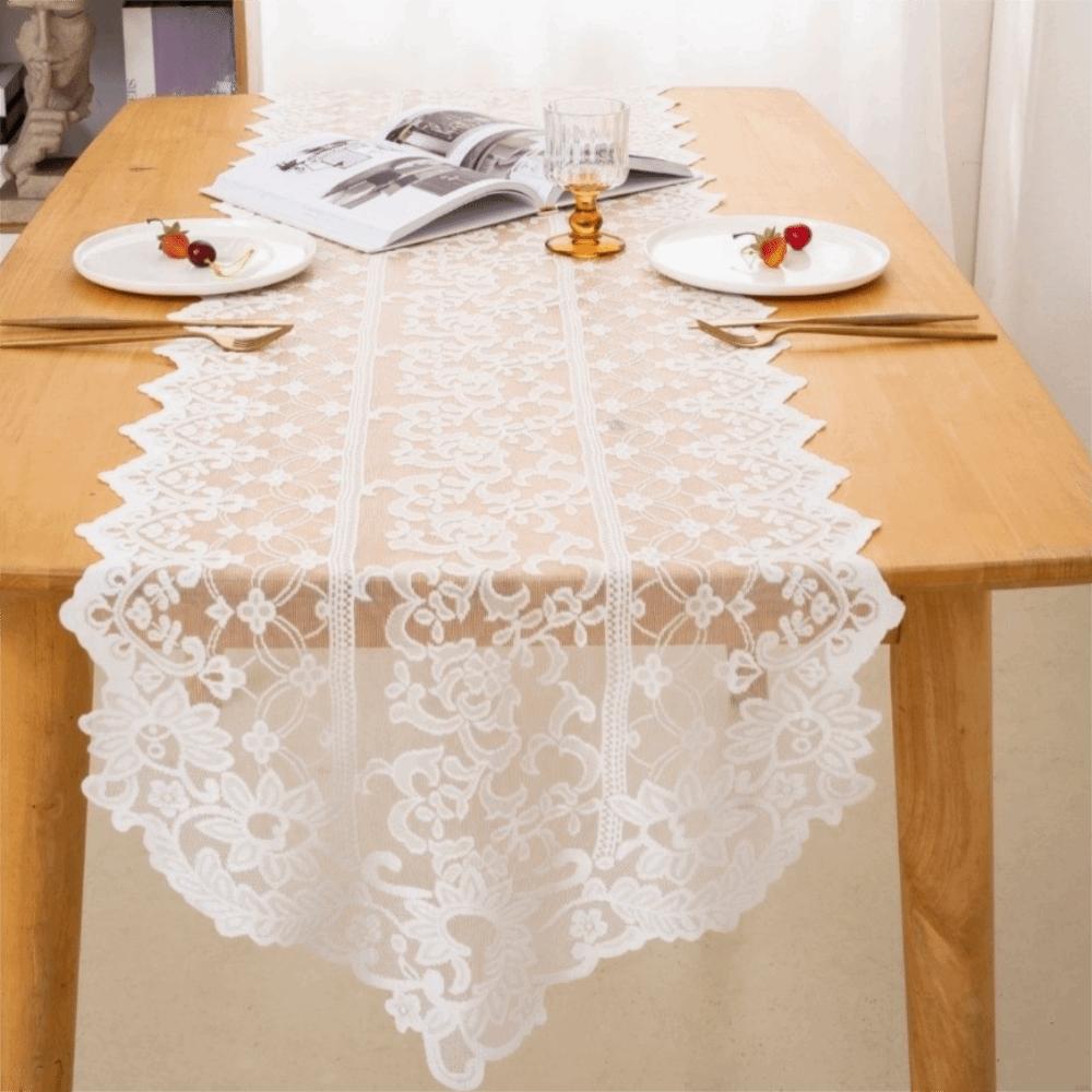 Romantic Elegant Lace Table Runner Long Strip Shape Soft Table Cover Washable Polyester Vintage Tablecloth Dining Room