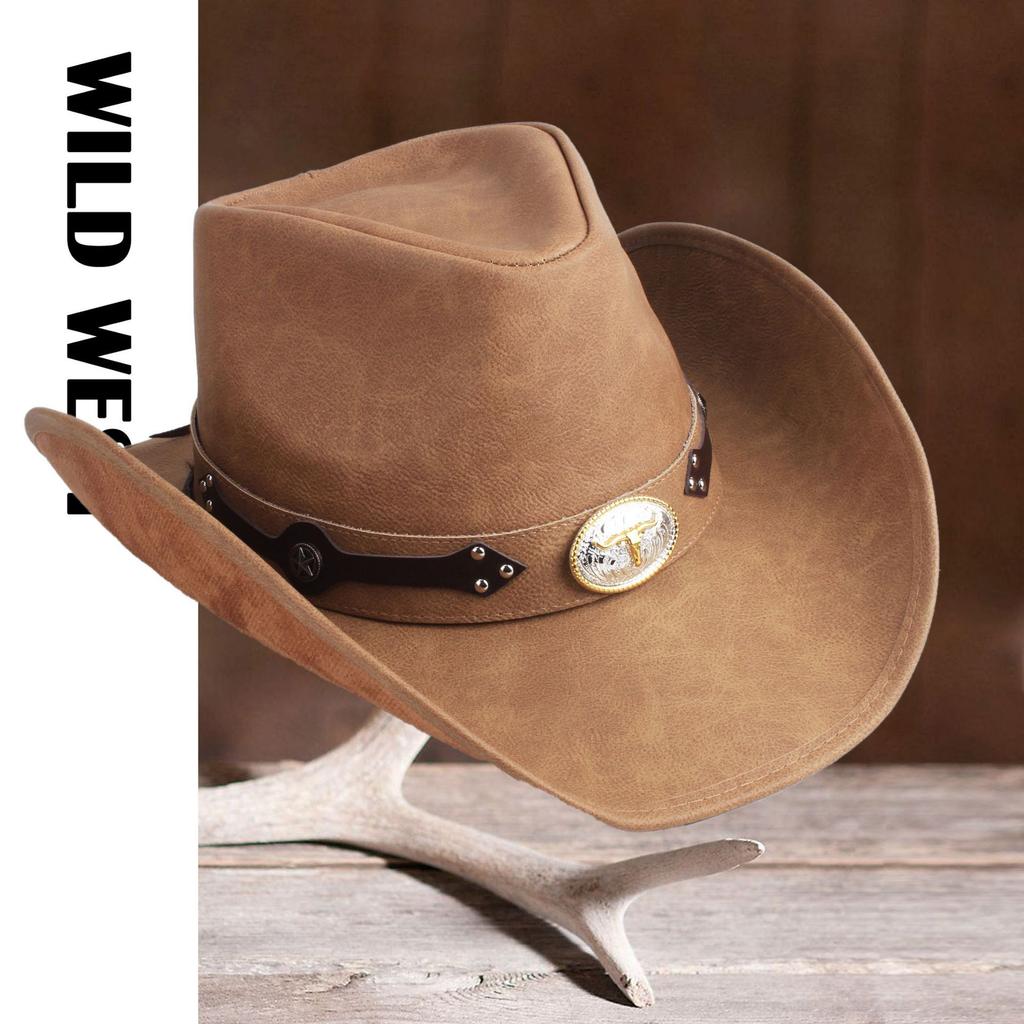 New 100% Leather Men Women Western Cowboy Hat Wide Brim Godfather Hats Gentleman Church Sombrero Hombre Jazz Cap