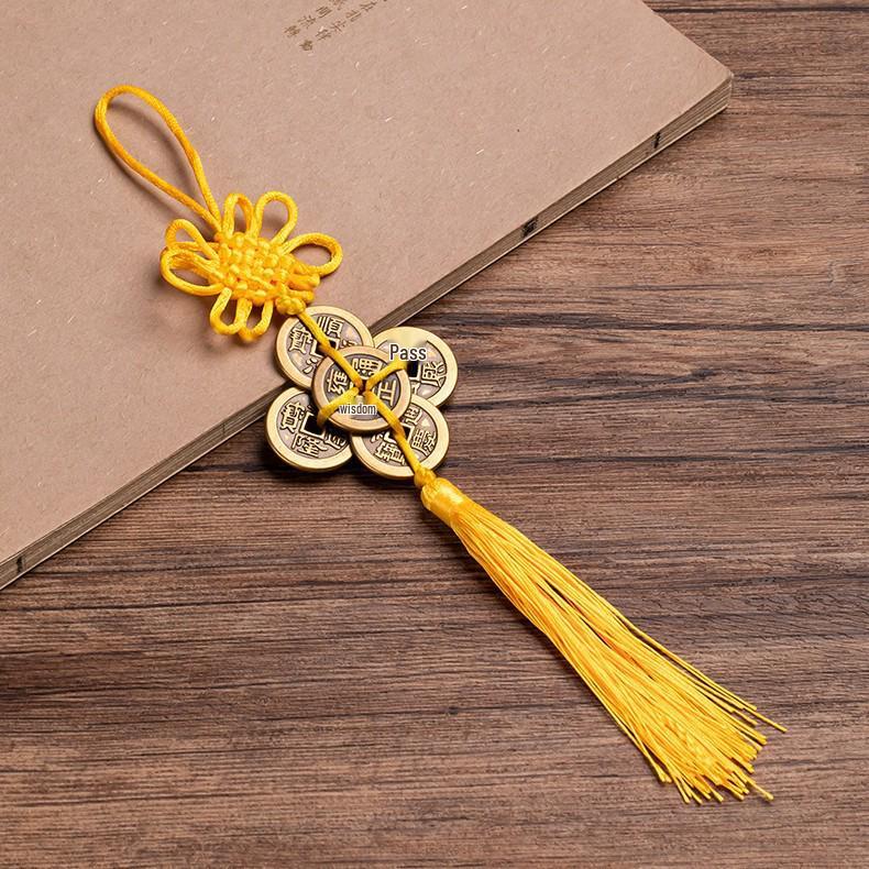 Chinese Knot Brass Five Emperors Coins Pendant with Peach Wood Gourd Ornament for Home or Car