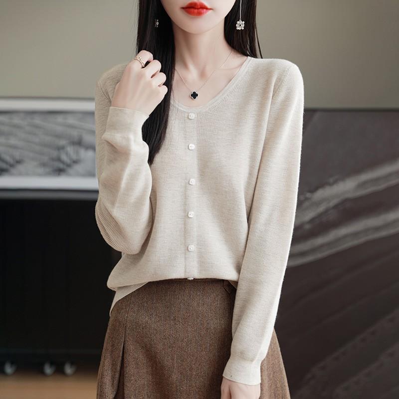 Womens 100 Merino Wool Cardigan V Neck Single Button Solid Color Loose Casual Top
