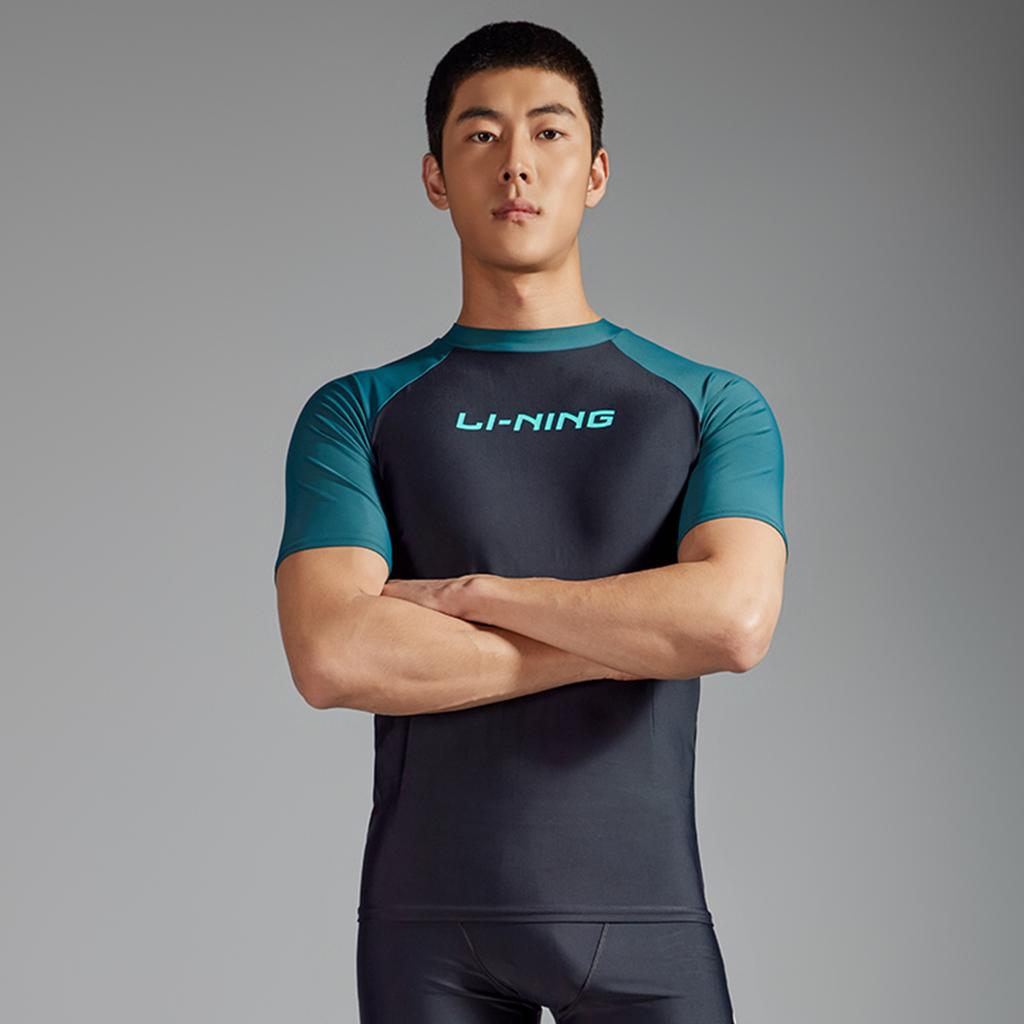 Li Ning Swimming Series Color Block Letter Round Neck Pullover Sports Long Sleeve Swimsuit Men Swimsuit Balsam-Green Black ASLT093-2