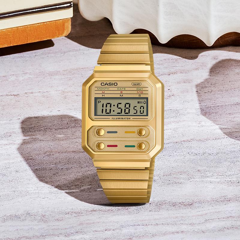 Casio Youth Series Metal Square Pac-Man Retro Luminous Waterproof Watch Quartz Movement Stainless Steel Strap Men watches Gold A100WEG-9APR