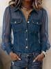 2026 European & American Fashion V-neck Printed Faux Denim Chiffon Long-Sleeve Women's Top