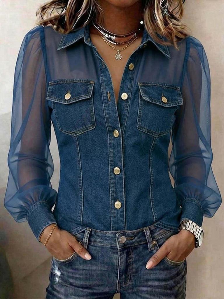2026 European & American Fashion V-neck Printed Faux Denim Chiffon Long-Sleeve Women's Top