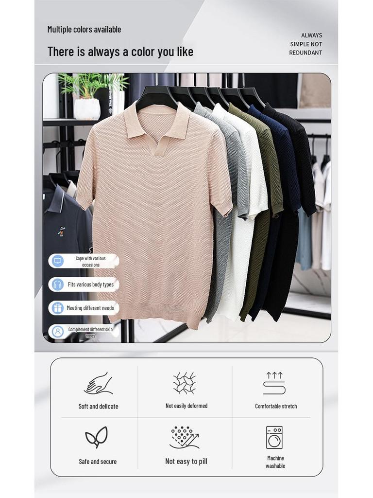Men's 2025 Summer V-neck Polo - Casual Short Sleeve Pure Cotton Shirt with Pineapple Texture