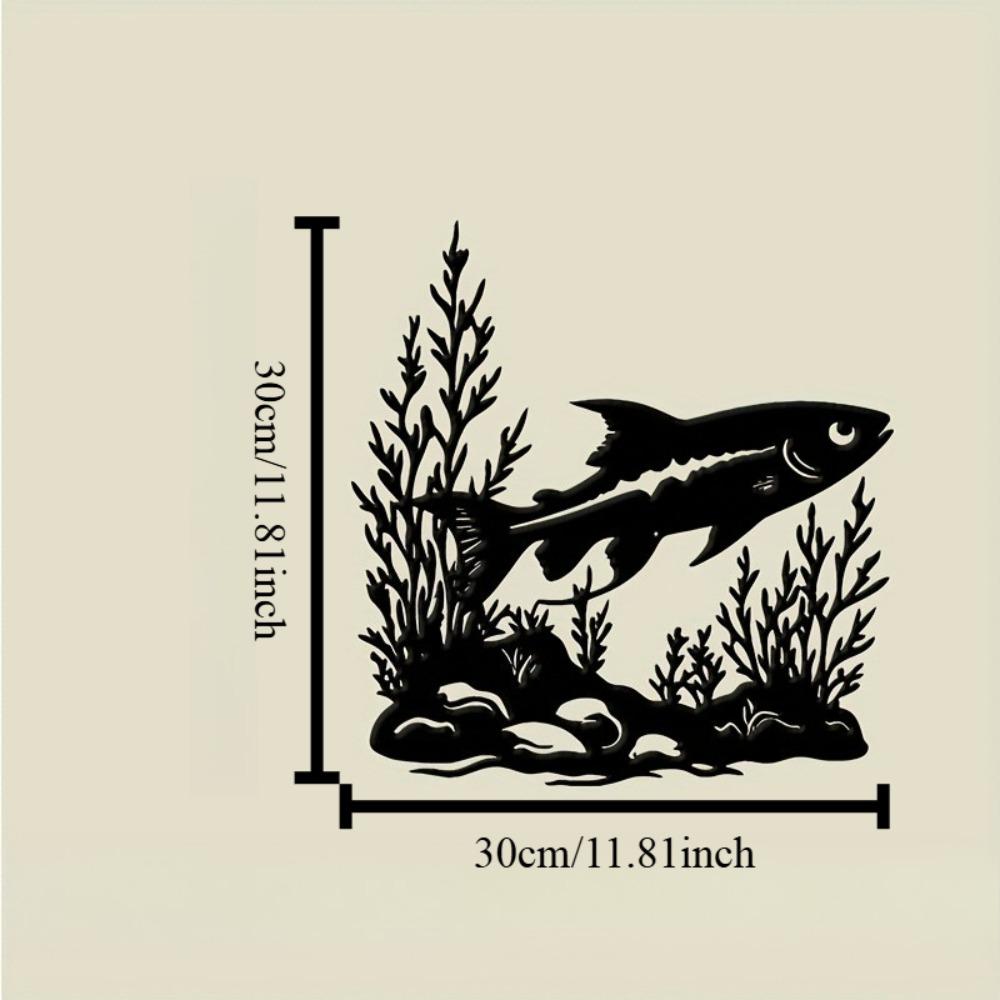 Metal Wall Art Fish Swimming Ocean Plants Stones, Black Silhouette Outdoor Decor, Housewarming Gift for Living Room Patio Coastal Modern Home