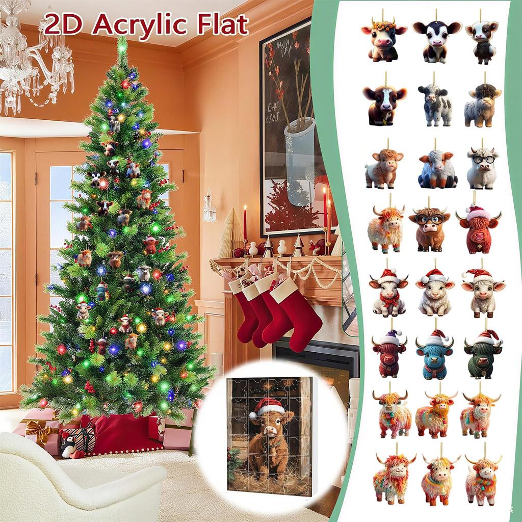 Christmas Highland Cow Advent Calendar 24pcs 2D flat Xmas Tree Interesting Highland Cow Hanging Ornaments Kids Xmas Gifts