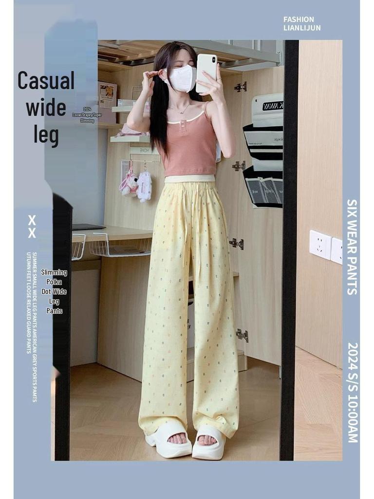 Women's High Waist Blue Polka Dot Straight Leg Pants - Summer Petite Ice Silk, 145-150cm, Wide Leg Design.