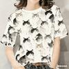 Flower and Cat Printed T-shirt - Neutral Casual Top