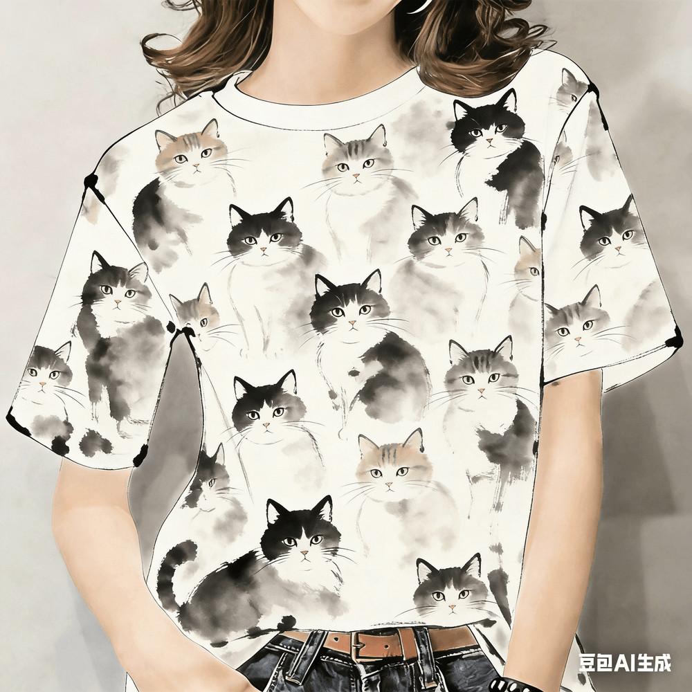T-Shirts with Flower & Cat Print - Unisex Casual Top 2XS