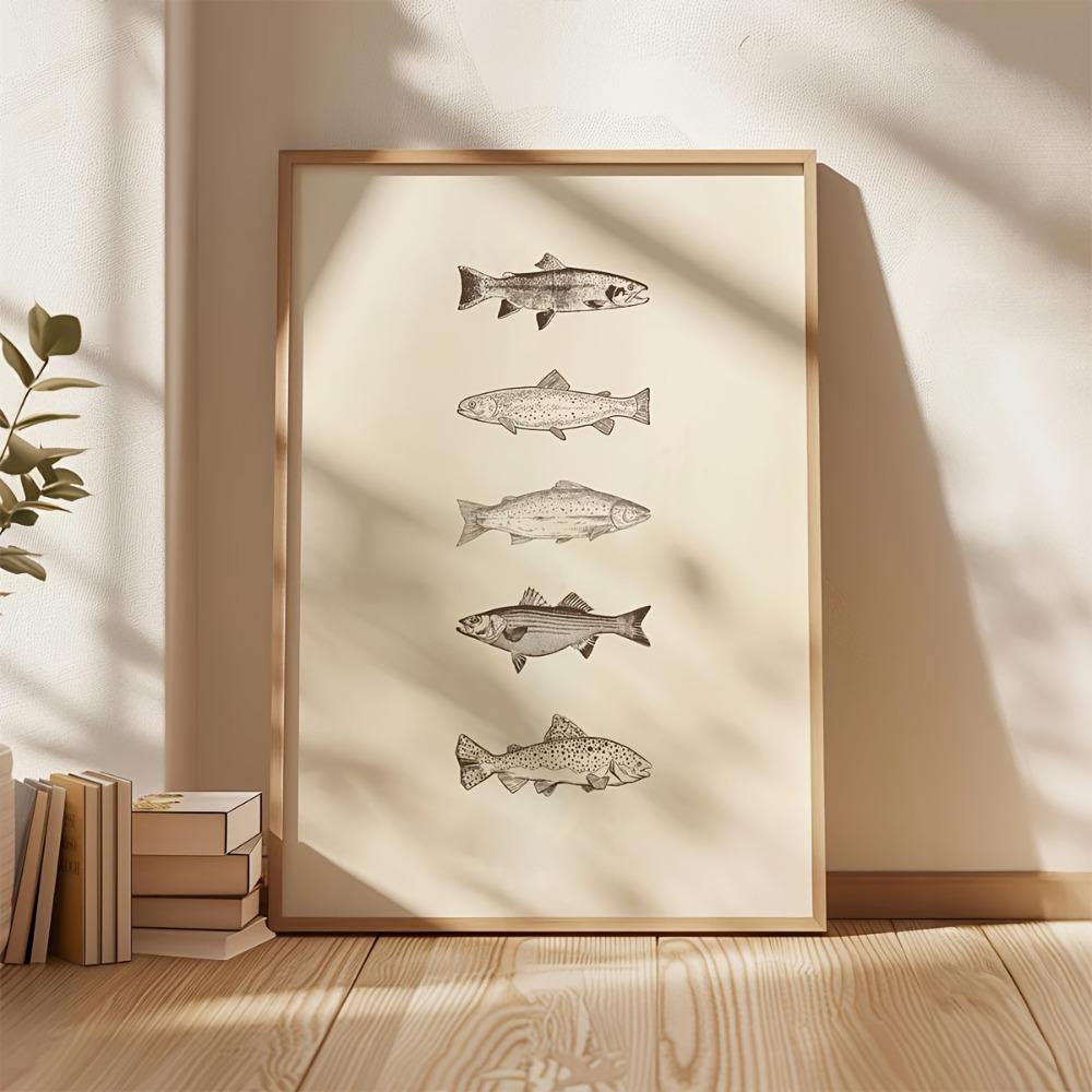 1pc Frameless Neutral Retro Fish Poster,Daily Catch Art Printing,Beige Simple Sea Fish Wall Decor,Fisherman Aesthetic Wall Art
