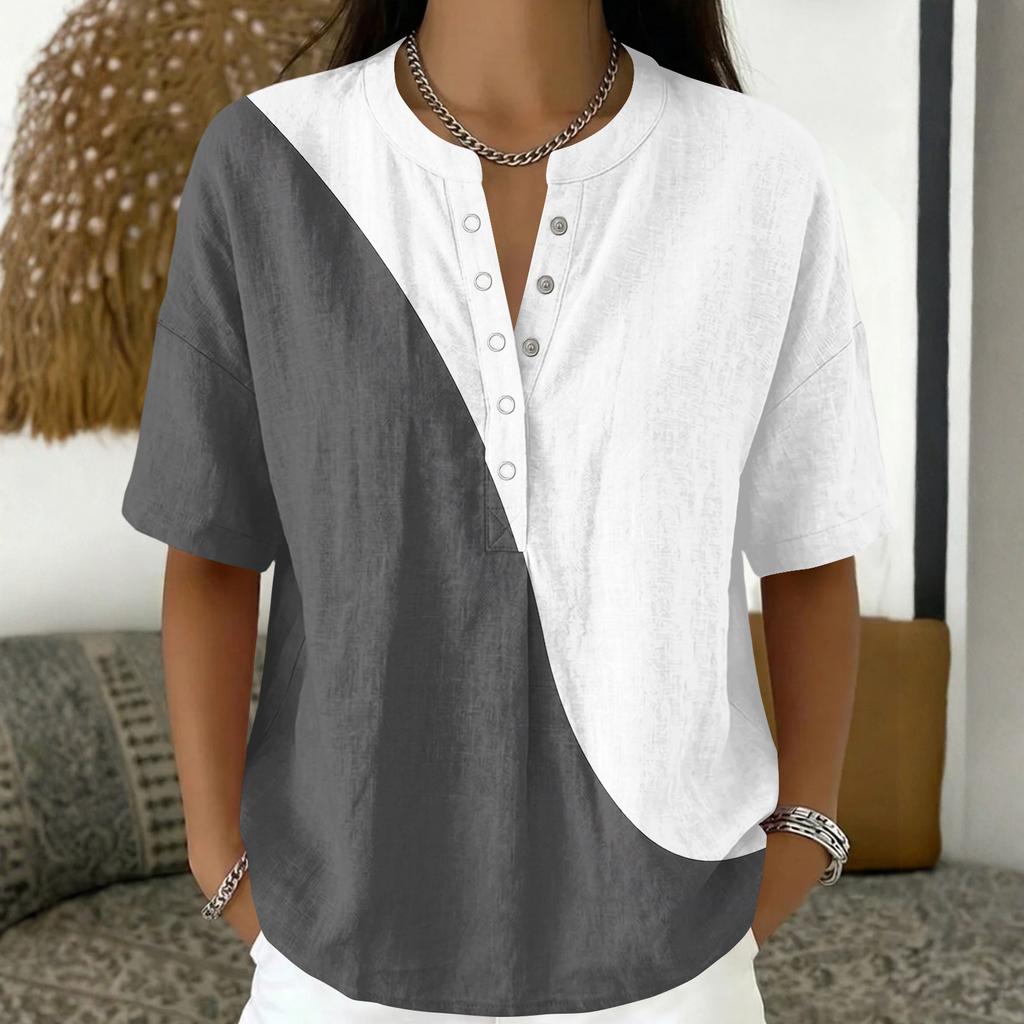 Women's Fashion V Neck Pullover Shirt Short Sleeve Casual Blouse Lightweight Loose Fit Top with Button Detail and Horizontal Stripe Pattern