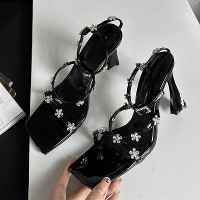Fashion Liyke 2025 New Black Gold Square Toe Crystal Flower Women Sandals Fashion Rhinestone Buckle Strap High Heels Wedding Prom Shoes