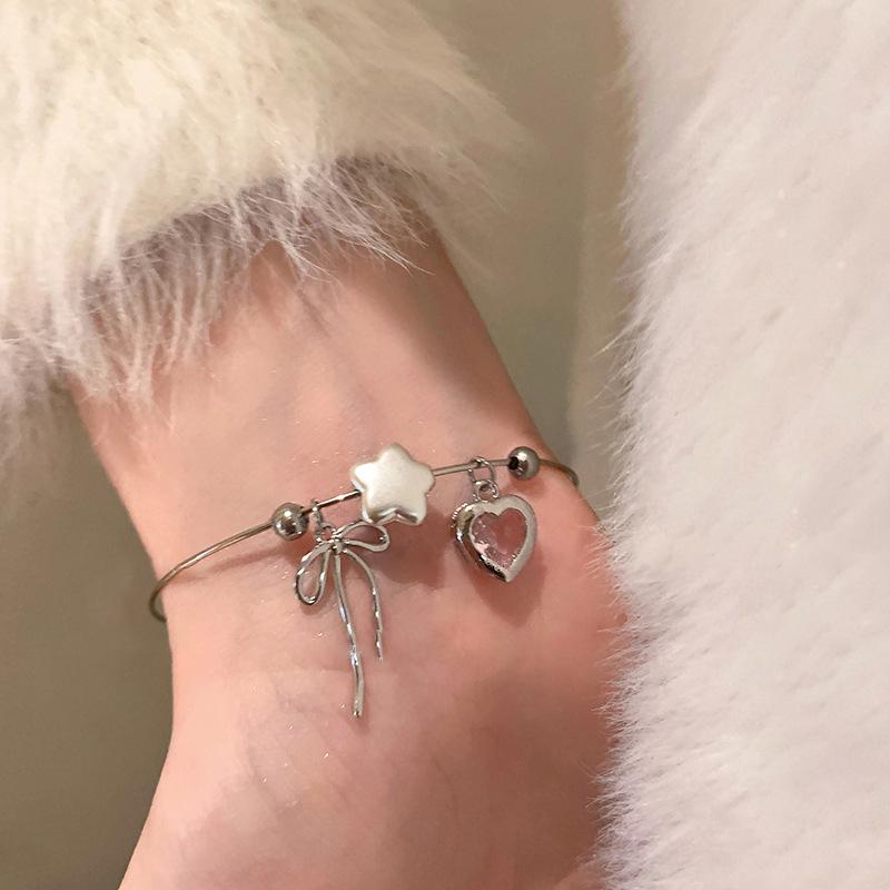 Sweet Simple Heart Bowknot Zircon Charm Opening Adjustable Thin Bracelet For Women Girls Aesthetic Jewelry Birthday Gift