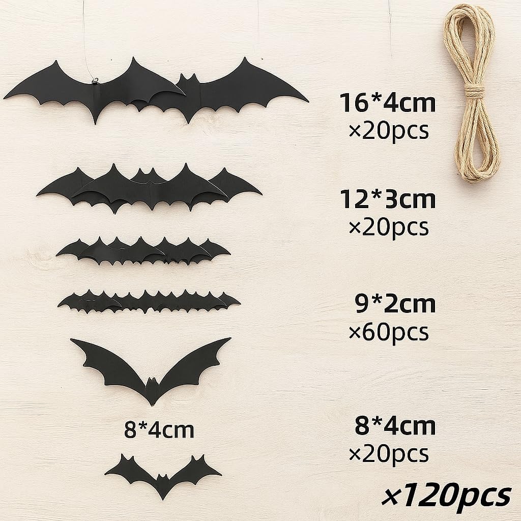 120 Pcs Halloween Bats Wall Decor - Realistic 3D Bats Halloween Wall Decorations - 4 Different Sizes Durable Bat Stickers for Room, Lawn, Window