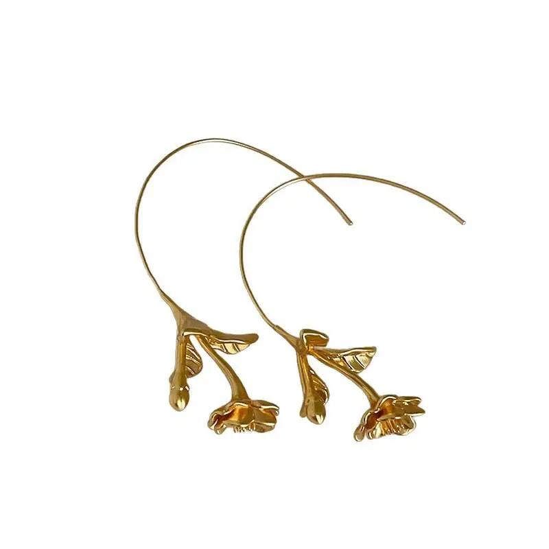 Fashion Metallic Flower Leaf Hook Earrings for Women Girl Unique Individualistic Niche Dangle Earrings Party Jewelry Accessories