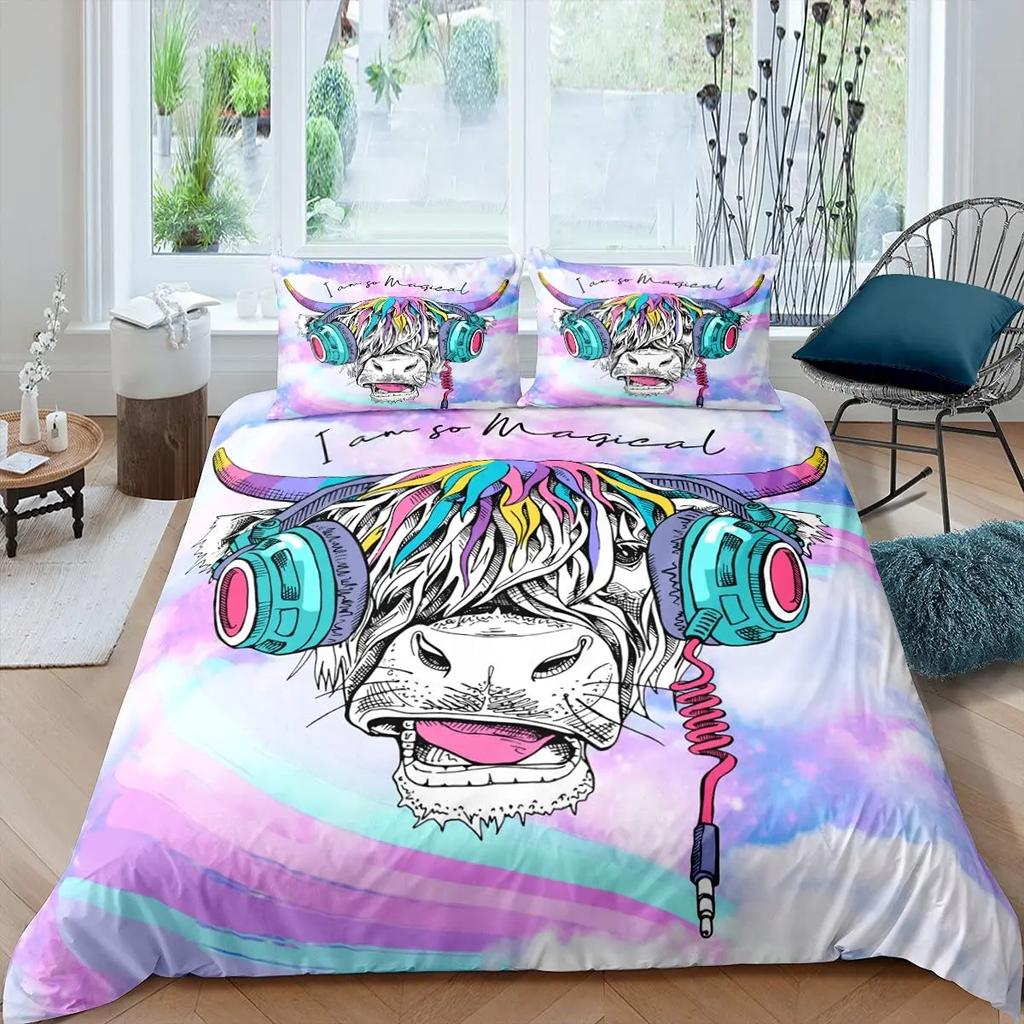 Cartoon Highland Cow Duvet Cover Set Western Animal Bedding Set 3D Ocean Bull Cattle Comforter Cover Floral Branches Quilt Cover