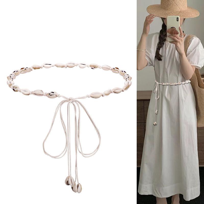 1Pc White Waist Rope Bohemian Style Woven Thin Belt Women's Shell Decoration with Dress Belt Waist Girdle