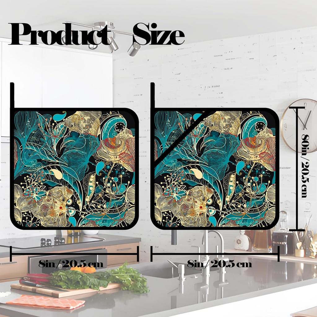 Vintage Floral Pot Holders Set of 2,Kitchen Heat Resistant Potholder for BBQ Cooking Baking,Food Hot Pad for Women Men