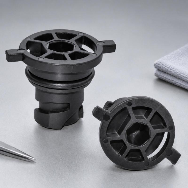 111116RC2B Black Automotive Oil Drain Closure with Two Opposing Grips, Recessed Center Drive, and Round Engineering Plastic Body