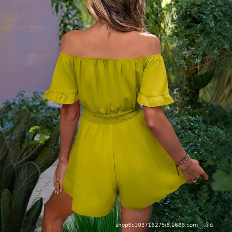 Womens 2025 Off-Shoulder Jumpsuit With Ruffle Detail Mid-Waist Straight Leg Crop Pants Lightweight Sweet Style
