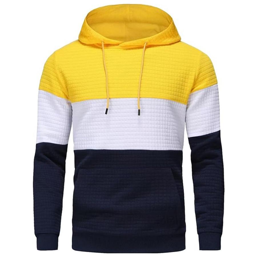 Large Size Men's Hooded Pullovers Checkered Color Blocking Sweatshirt Retro Jacquard Casual Sports Hoodie for Men