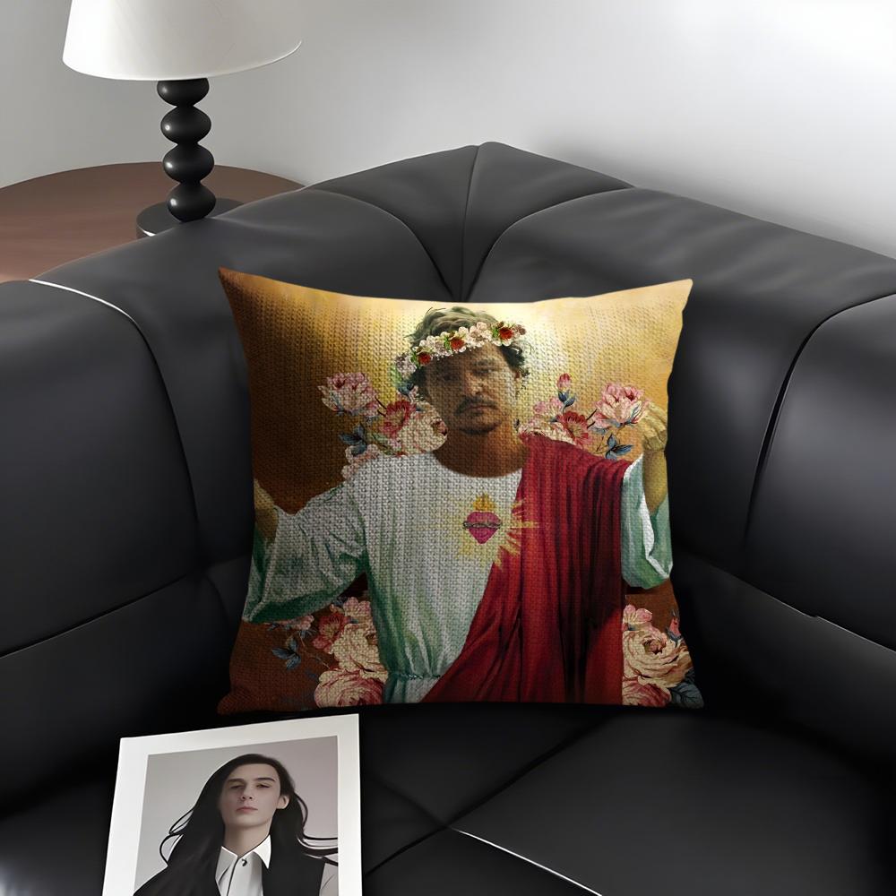 P-Pedro Pascal Daddy Cushion Cover Natural Linen Organic Fabric Double-Sided Printing Sofa Home Decor Gift Pillow Case
