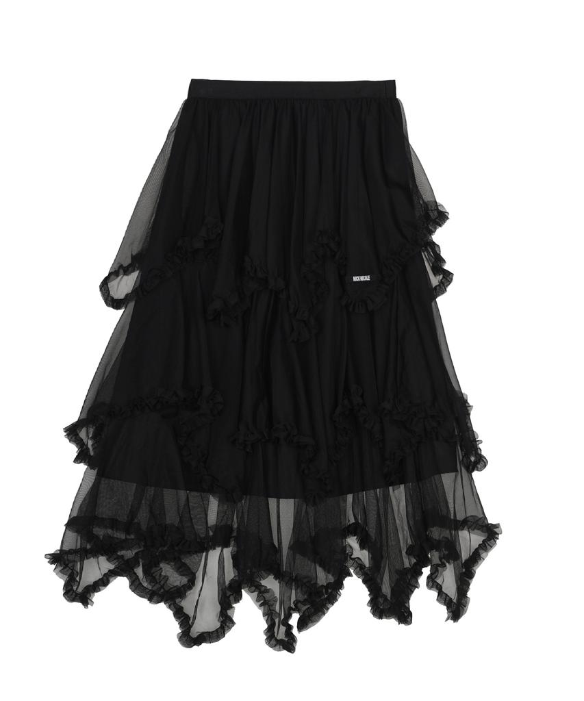 Nigaennikol Layered Frill Tulle Long Skirt_Black