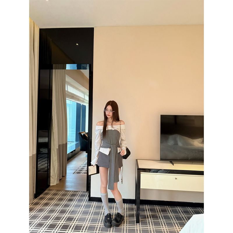 Kumikumi Pure Desire Style Suit Contrast Color Stripes Long Sleeves Shirt Women's Autumn High Waist Slimming Skirt Two-piece Set