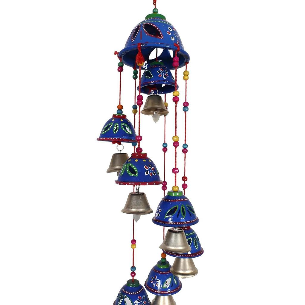 Rajasthani Design Handcrafted Hanging Windchimes|Latkan with 8 Bells for Home Decor & Positive Energy,Pack of 2 (Blue), Plastic