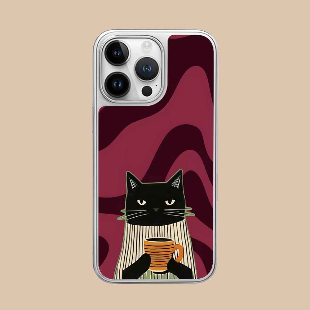 

Cute Coffee Cat Silver Plating Mobile Phone Case for iPhone 17 16 15 14 13 12 11 Air Pro Max Plus Colorful Cover iPhone 11