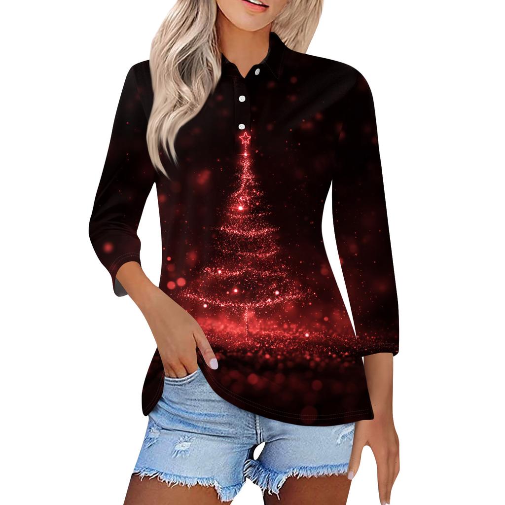 Women's Fashion Casual Button 3/4 Sleeve Vintage  Print Lapel Top