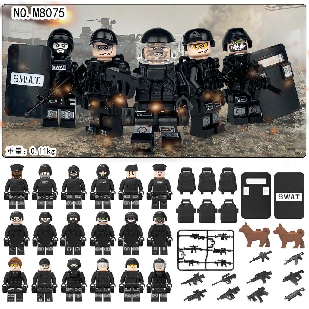 M8075 Military Building Block Villain 18 Black Swat Boy Toy Set Bag