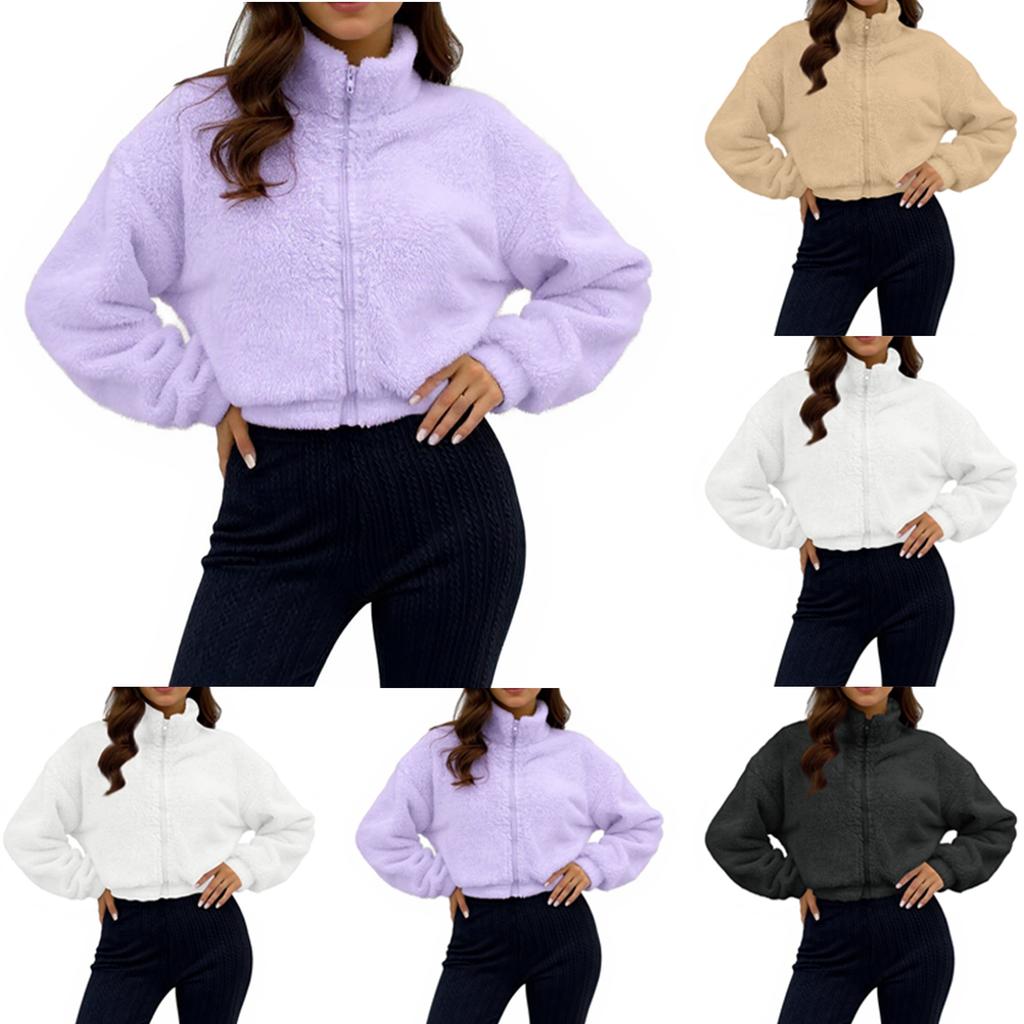 Women's Casual Short-Length Zipper Fleece-Lined Long-Sleeve Jacket