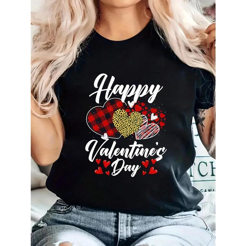 European Size Women S Valentine S Day T-Shirt -Happy Valentine S Day Hearts &Leopard Plaid Print Crew Neck Tee - with Red Hearts - Everyday Casual Top S