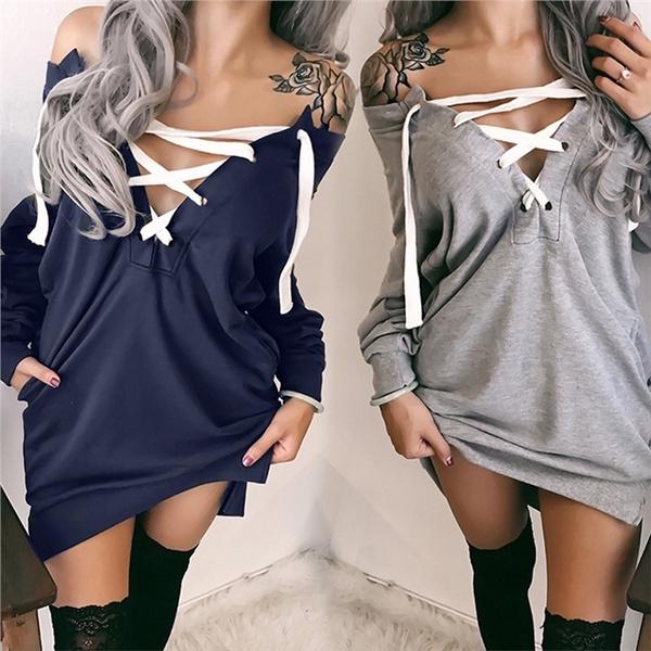 Women Sexy Lace Up Bandage Deep Off Shoulder Hoodies With Long Loose Pullover Sleeves