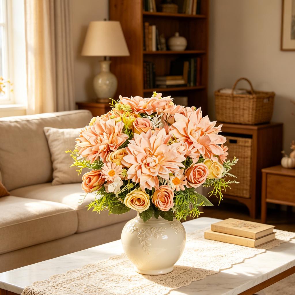 Artificial Rose Flowers Wedding Home Room TableAutumn Decora Bridal Bouquets Fake Silk Dahlia Hydrangeas Vase Outdoor Diy Gifts