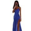 Women Satin One Shoulder Cowl Neck Maxi Dress Ruched High Slit Bodycon Slim Fit Elegant Evening Prom Party Formal Gown Multi Color