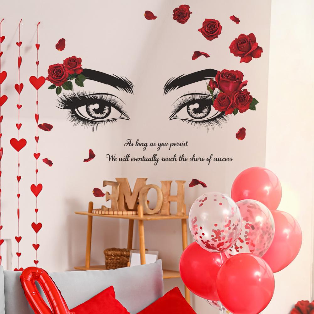 Romantic Red Rose Delicate Eyebrows and Eyes Bedroom, Living Room Entrance Hall Background Decorative Wall Stickers