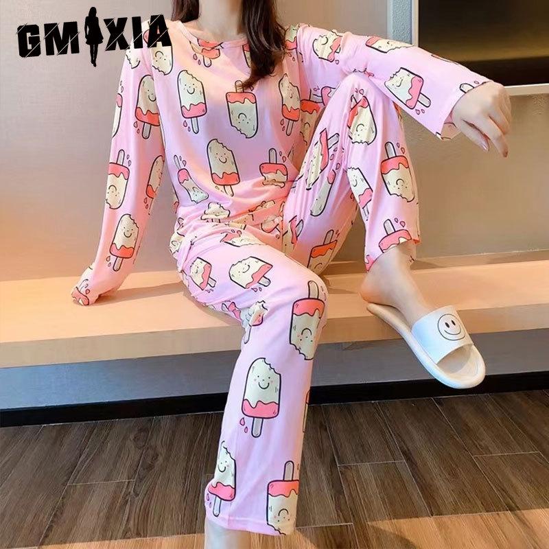 

GMXIA Women s Spring and Autumn Long-sleeved and Long Pants Cute Casual Round-neck Home Wear Two-piece Set XXL