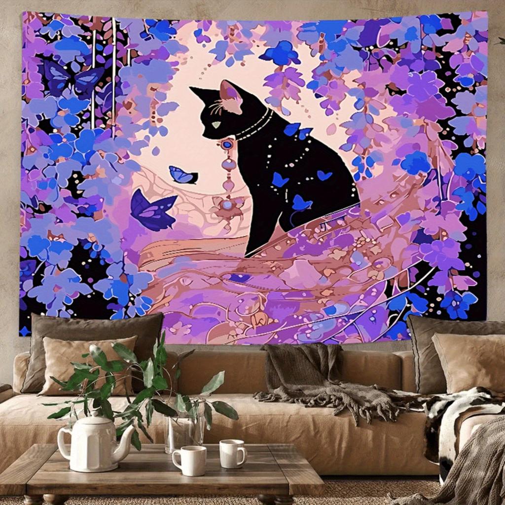 Enchanted Cat Tapestry  Vibrant Wall Hanging with Purple Flowers for Bedroom and Living Room Decor Perfect Gift